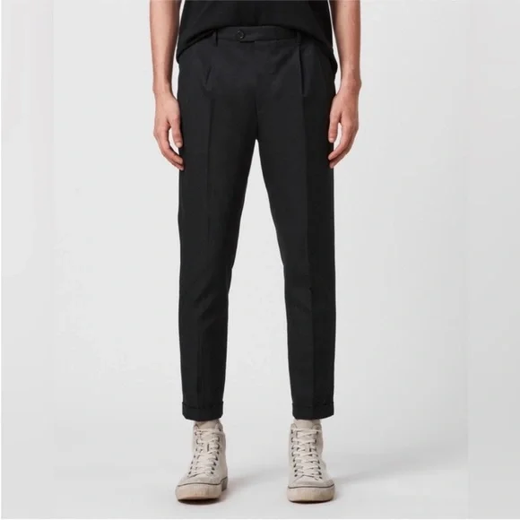 ALLSAINTS MENS TALLIS WOOL PANTS CHARCOAL BLACK CROPPED PLEATED POCKETS 32